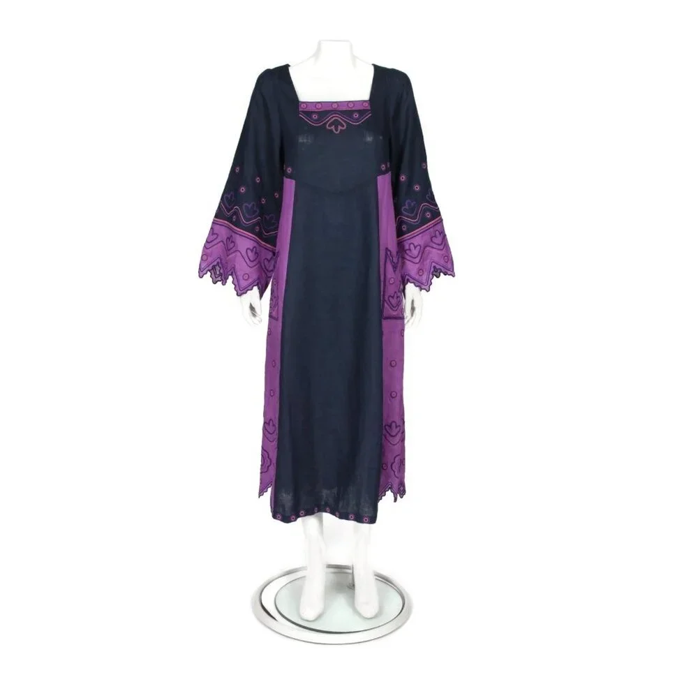 ETNODIM Embroidered Angel Sleeve Linen Navy Blue Violet Purple Maxi Dress XS 742 - Picture 1 of 7